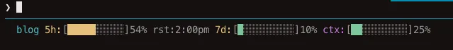 Claude Code statusline showing working directory, 5h usage bar with reset time, 7d usage bar, and context window bar, all colored by severity